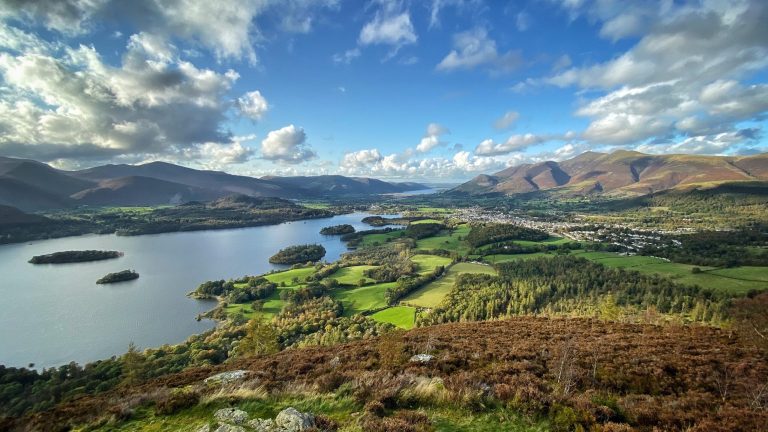 Panoramic view of Derwentwater and Keswick from Walla Crag in the Lake District