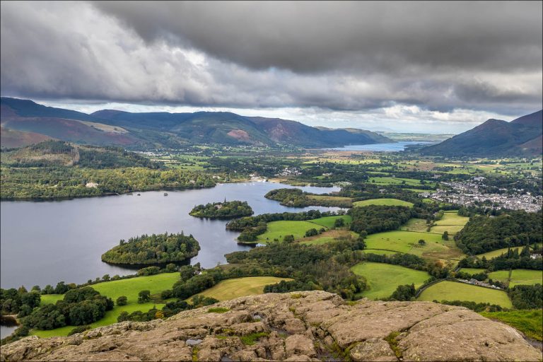 Panoramic view of Derwentwater, Keswick and the surrounding Lake District from Walla Crag