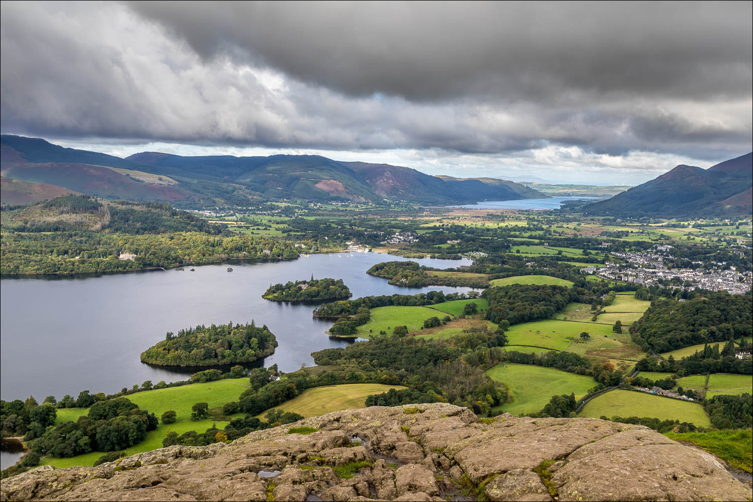 Panoramic view of Derwentwater, Keswick and the surrounding Lake District from Walla Crag